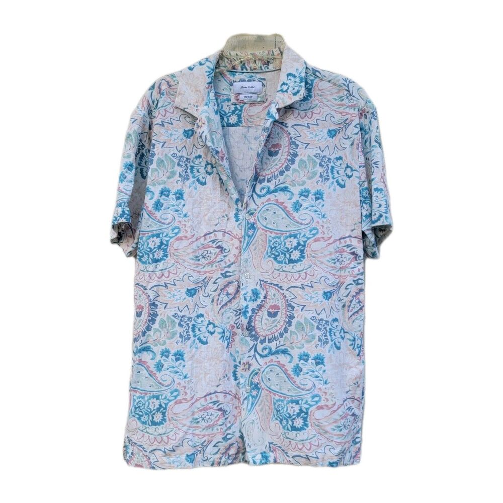 Mens Porter and ash paisley print linen button down shirt sz S short slv sz ...